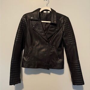 Noisy May Black Faux Leather Moto Jacket with Quilted Sleeves – Size S